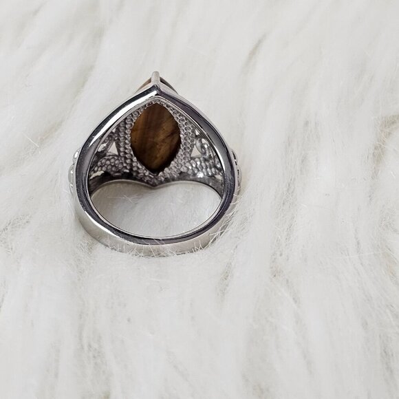 Silver Tone Tigers Eye Gemstone Solitaire New Stainless Steel Ring - Picture 5 of 7